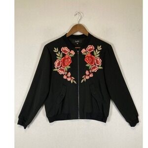 Floral Boho Lipslide Women Medium Black Rose Embroidered Bomber Jacket J94266